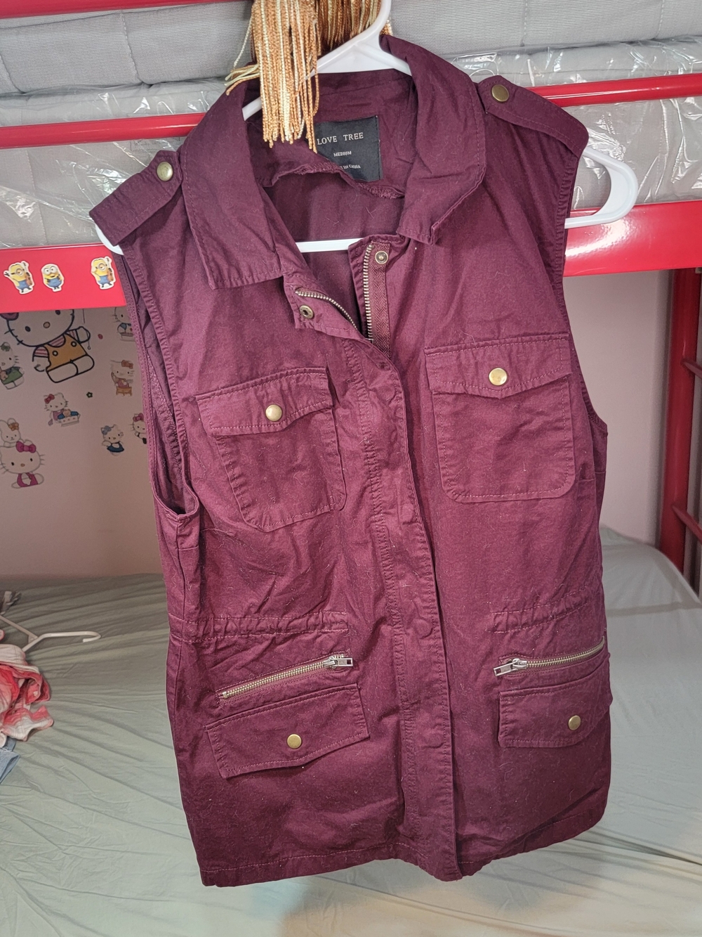 Love Tree Burgundy Sleeveless Utility Vest with Pockets Size Medium